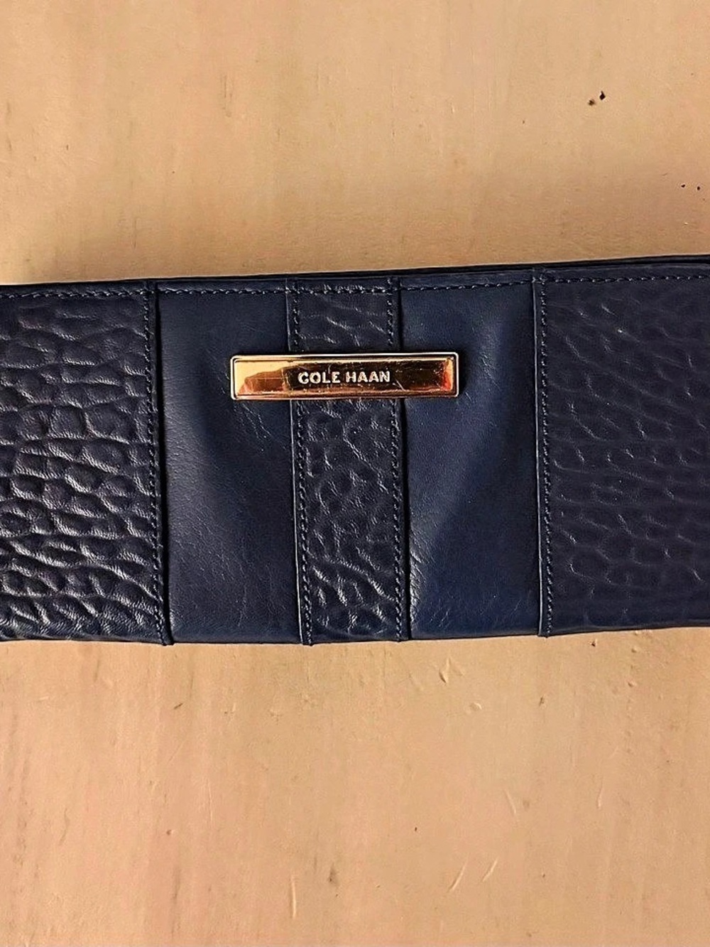 Cole Haan Navy Blue Long Bifold Wallet Gold Tone Hardware Snap Closure